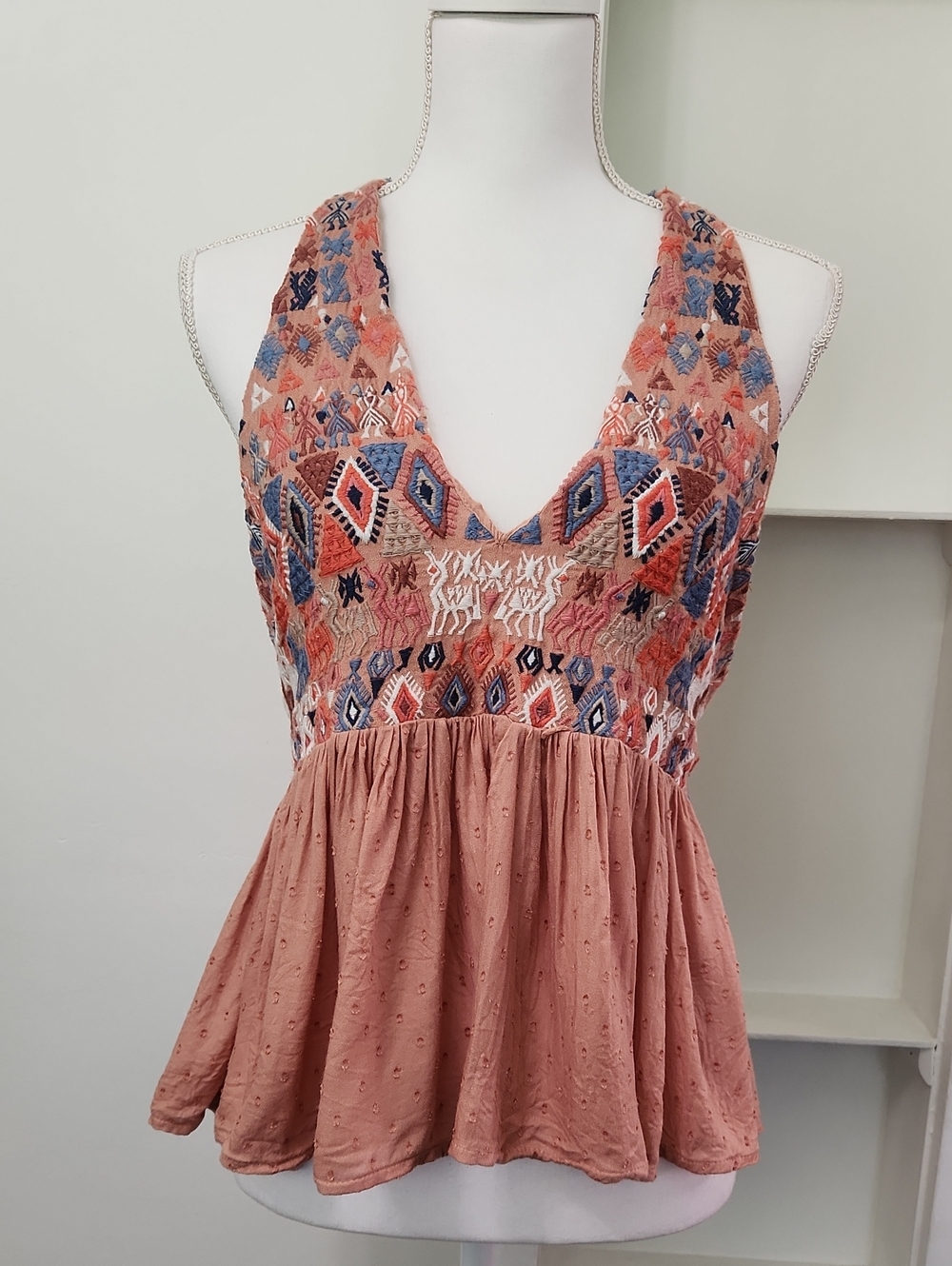 Free People Peruvian Paradise Embroidered Halter Top Peplum Babydoll Peach L